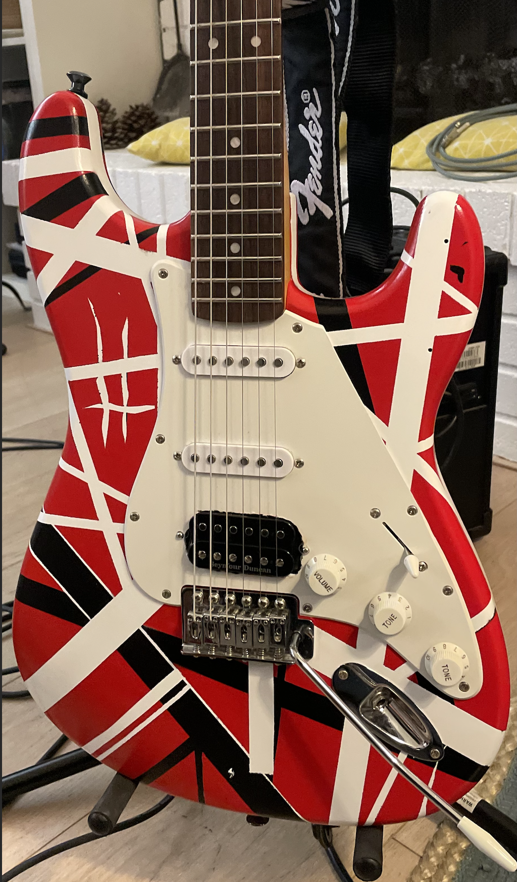 The finished red, white and black striped Frankenstrat guitar I built